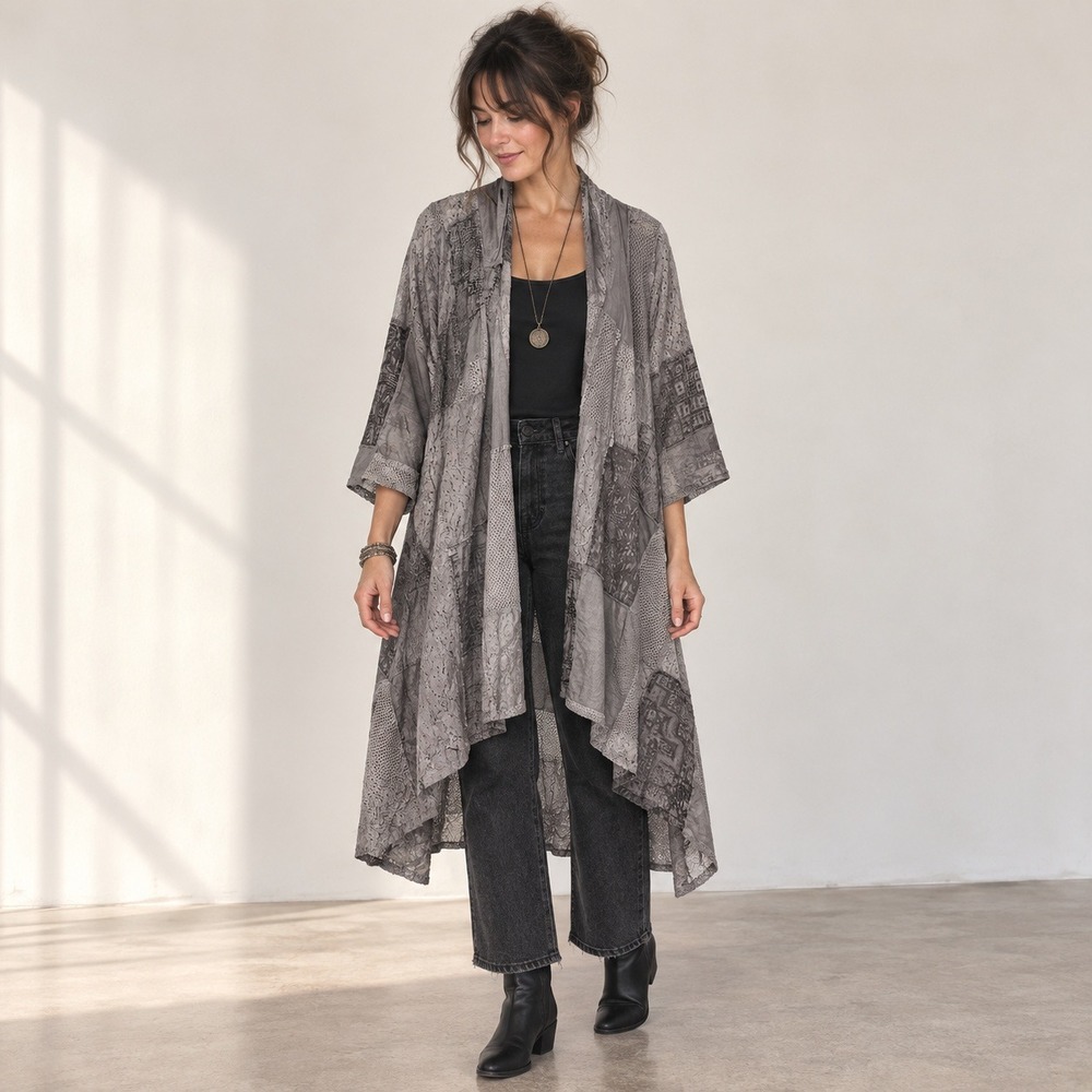Gray Patchwork Kimono Cardigan Size L Lagenlook Boho Hippie Whimigoth Duster